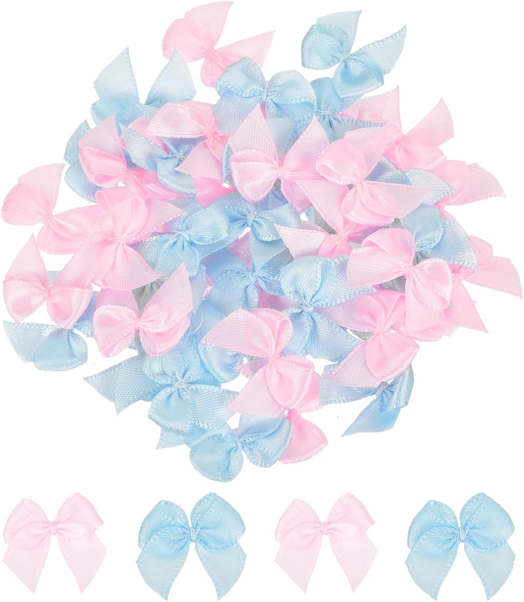 50 stuks mini-linten, 2,5 cm, mini-bloemen van satijnen stof voor handwerk, knutselen, naaien, bruiloft, verjaardag, feest, roze en blauw
