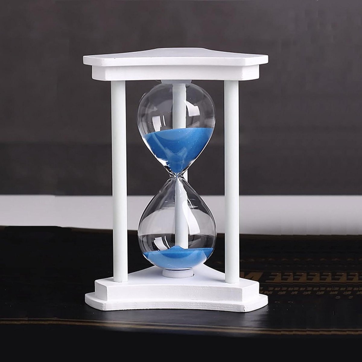 Grote Zandloper Timer - Zandklok Decoratie - Koken en Spelletjes - Houten Frame - 45 minuten - Wit Blauw