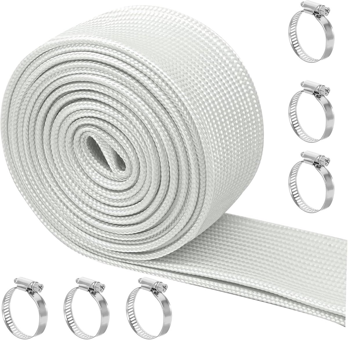 Afgasslang voor stroomgenerator, 25 mm, 300 cm, wit, isolatie, hittebeschermingsslang, glasvezel, met roestvrijstalen klem voor verwarmingsbuizen en uitlaatbuizen (3 m)