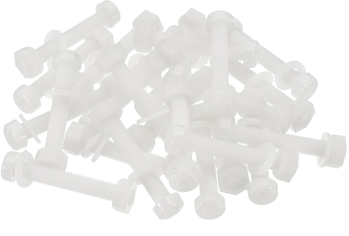 M6 x 40 mm witte nylon schroeven kunststof moeren volledige schroefdraad kop schroeven en moeren set voor industriële en huishoudelijke bevestigingsprojecten, 24 sets
