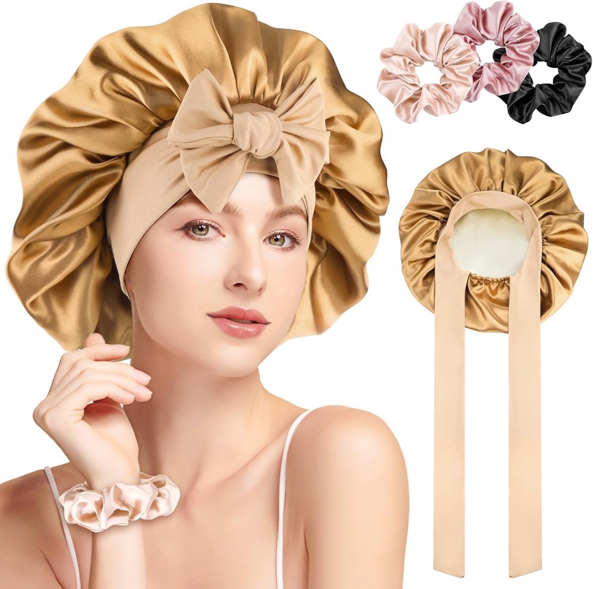 Slaapmuts Satin Haar Cap - Zijde Mulberry, Verstelbaar, Ademend, Voor Dames en Meisjes, Khaki - SnelShoppen