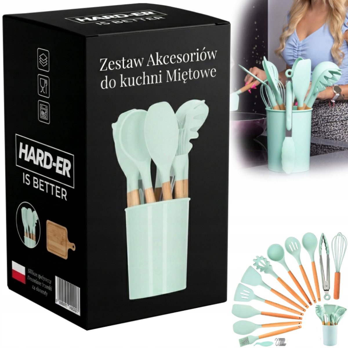 Keukengerei Set 12 Delig - Mintgroen - Siliconen & Bamboe