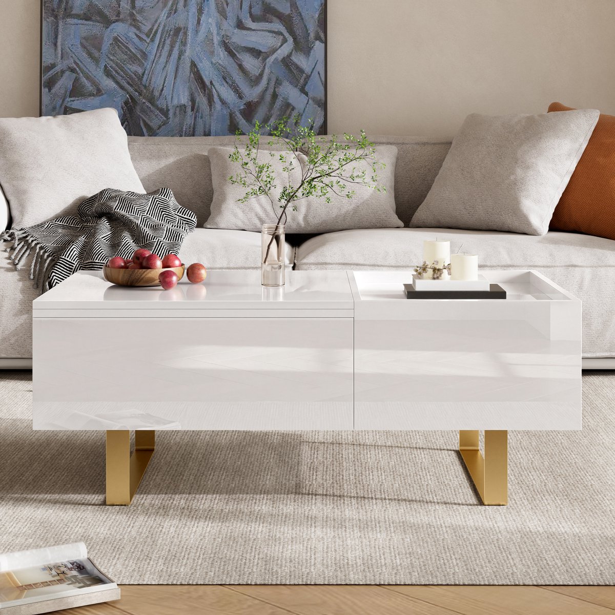 STILVORA Salontafel - Hoogteverstelbaar Met Opbergruimte En Lade - Voor Woonkamer - MDF Hoogglans - 100x50x54,5 Cm - Wit