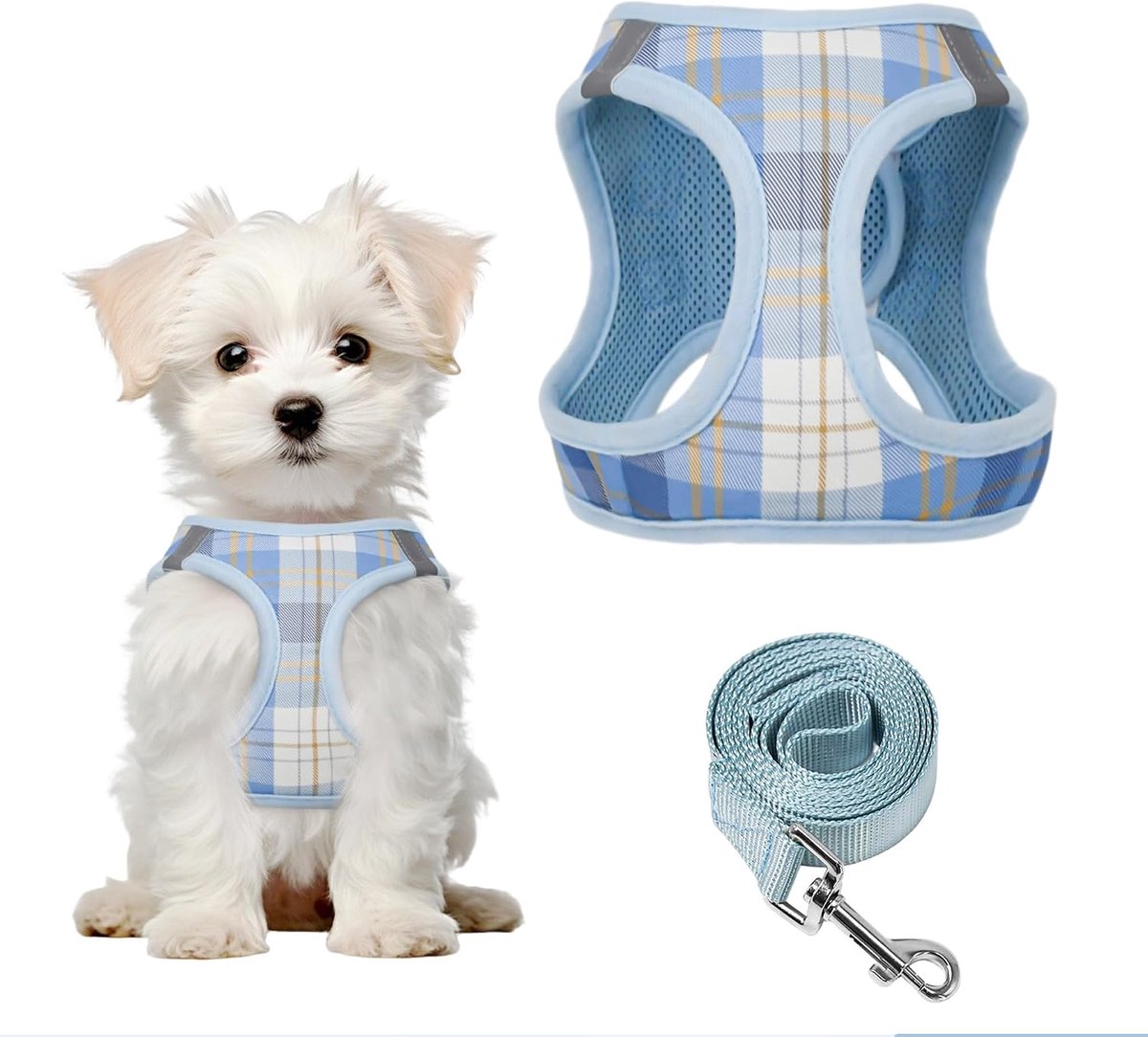 Hondenharnas met riem, anti-trekharnas, verstelbaar, zacht netweefsel, puppyharnas, reflecterend ruitpatroon, harnas voor kleine honden en katten, blauw, M