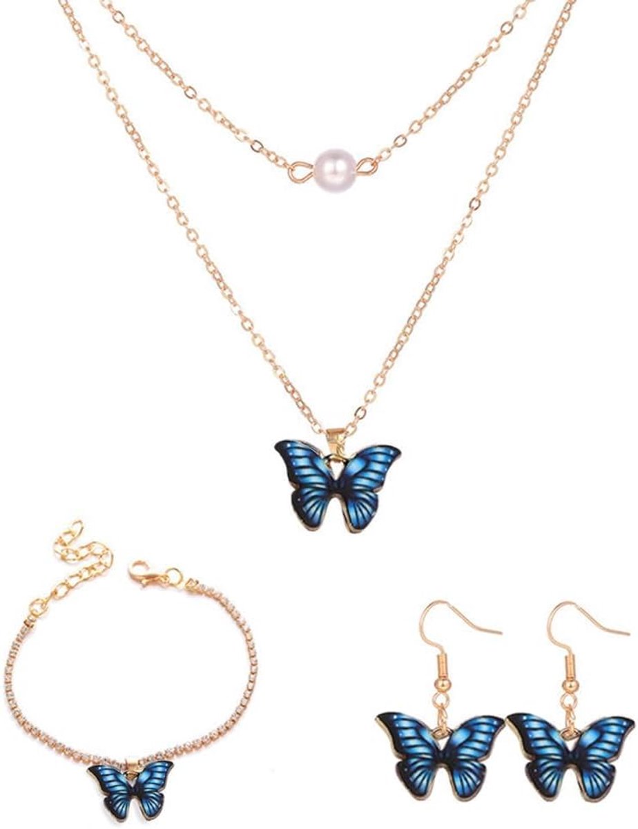 3-delige sieradenset voor dames, meisjes, parels, vlinder, oorbellen, halsketting, armband, elegante sieradenset, cadeau voor Valentijnsdag, Moederdag