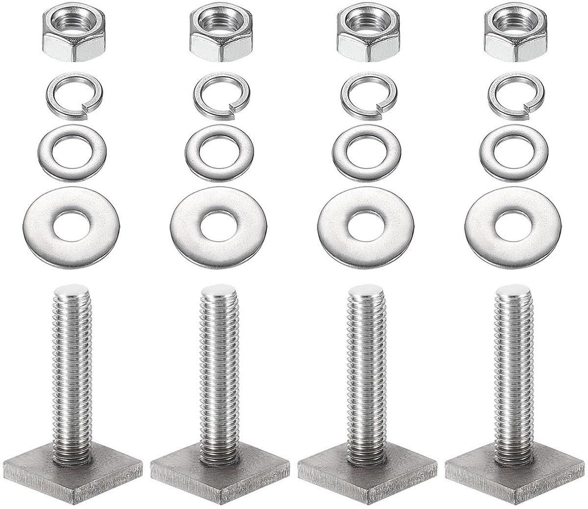 T-sleufschroeven, M8 x 35 mm, set van 4 vierkante kop, T-schroeven, dak, bagagedrager, roestvrij staal, T-rails, schroeven met moer, sluitringen voor fiets, ski, kajak, bagagedrager