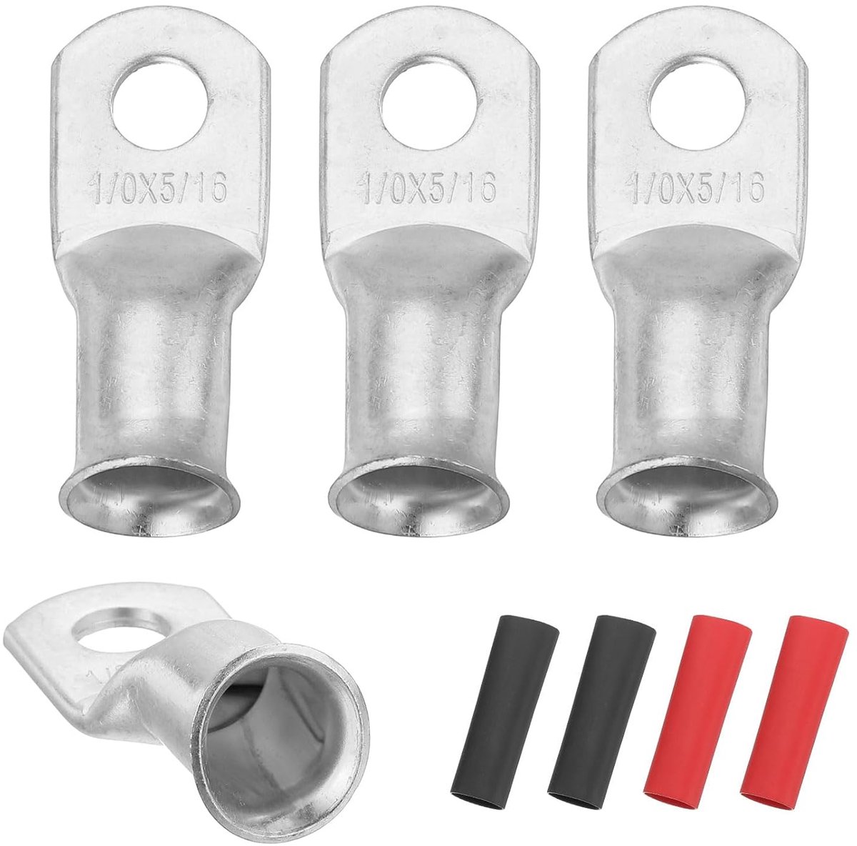 4 stuks ringkabelschoenen, batterij 1/0 AWG M8, kabelverbinder, krimpdraad met diameter 8 mm, krimpkous 3:1, koper, kleur zilver