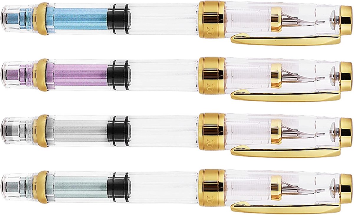 PISTON Fill-vulpen Goud Fijne Punt Transparant Geassorteerde Kleuren, Roestvrijstalen Vulpennen Set van 4 voor Kerstmis met Uitstekende Schrijfervaring, Ongeëvenaarde Kwaliteit