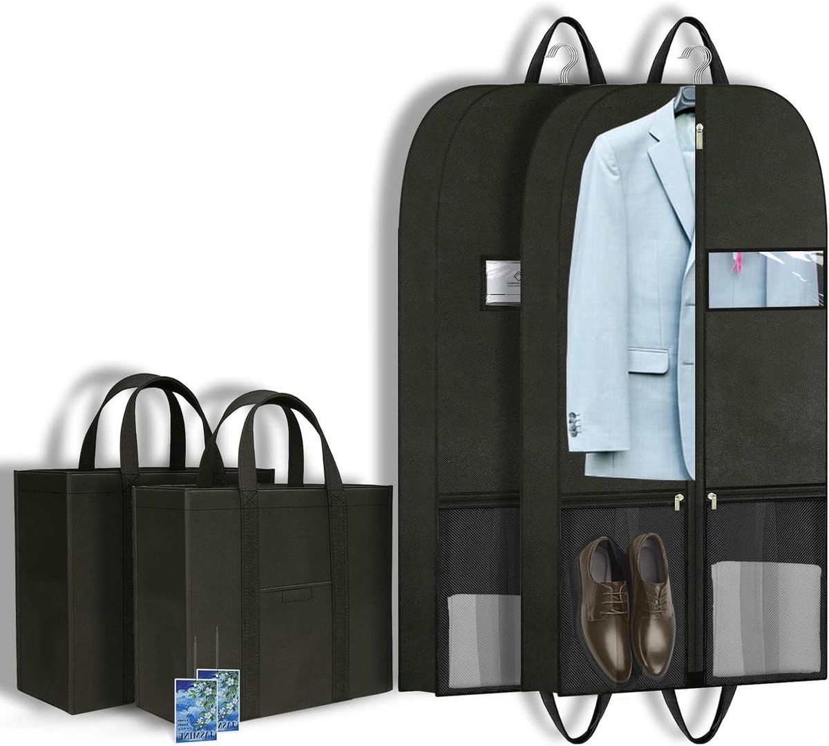 Kledingzak 109 x 60 cm (set van 2) - ademende kledinghoes voor pak, jas en overhemd, kostuumtas voor reizen en opslag, met handgrepen en zakken, kledingbeschermhoes met ritssluiting, zwart