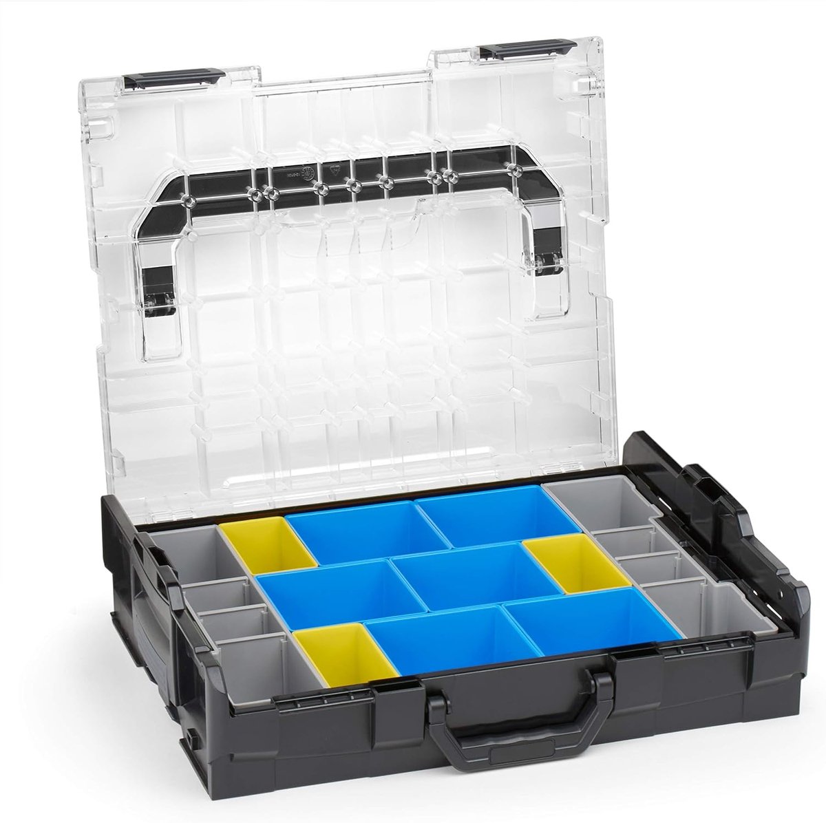 L-Boxx 102 kunststof gereedschapskoffer, zwart, deksel, transparant, met inzetbakjesset, BC3 sorteerdozen voor kleine onderdelen, ideaal schroefopbergsysteem