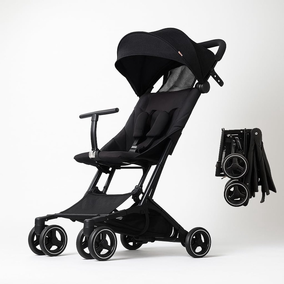 - Ultracompacte kinderwagen, vliegtuigcabine, 4,9 kg, 5-pts harnas, tweetraps opvouwbaar, 6 maanden tot 22 kg, zwart