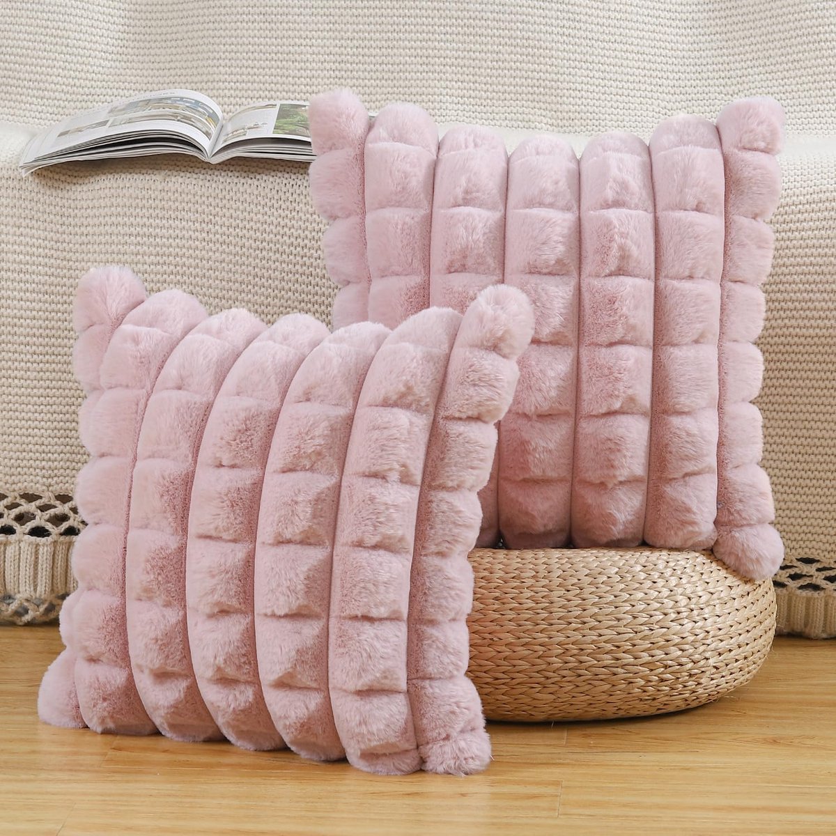 Set van 2 Pluche Faux Wol decoratieve kussenslopen zachte decoratieve kussenhoes voor bank slaapkamer kussensloop 50x50 cm Roze