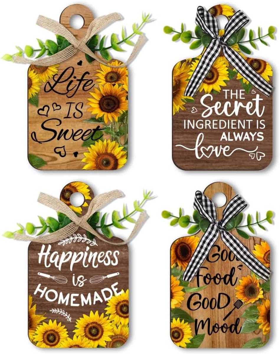 PandaHall 4 stuks zonnebloem eetbord decoratie houten keuken borden wanddecoratie, snijplank eetborden muurkunst decoratie voor thuis keuken eetkamer decor, 15 x 9 cm