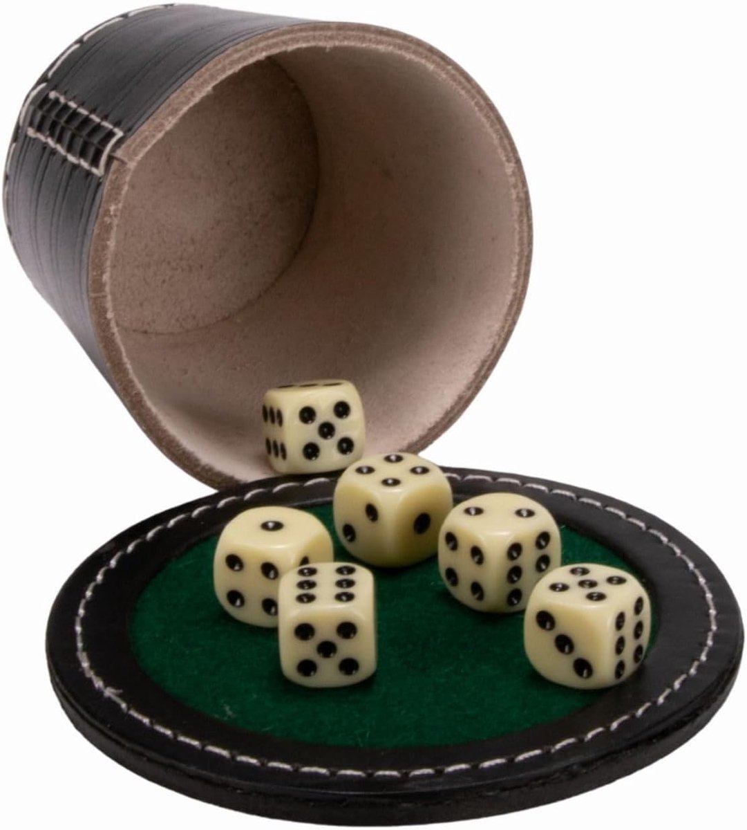 5901 Quality dobbelsteenbeker groot (echt leer) XL zwart met deksel 12 cm/kubusplaat en 6 dobbelstenen - 5901