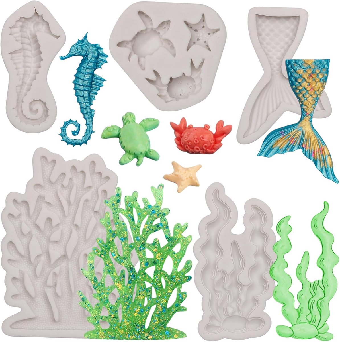 vormen set met het thema "Oceaan", 5-delige set, verschillende motieven | Zeedieren om te knutselen, zeepaardje, zeemeerminstaart, zeewier, schildpad, zeester, krab
