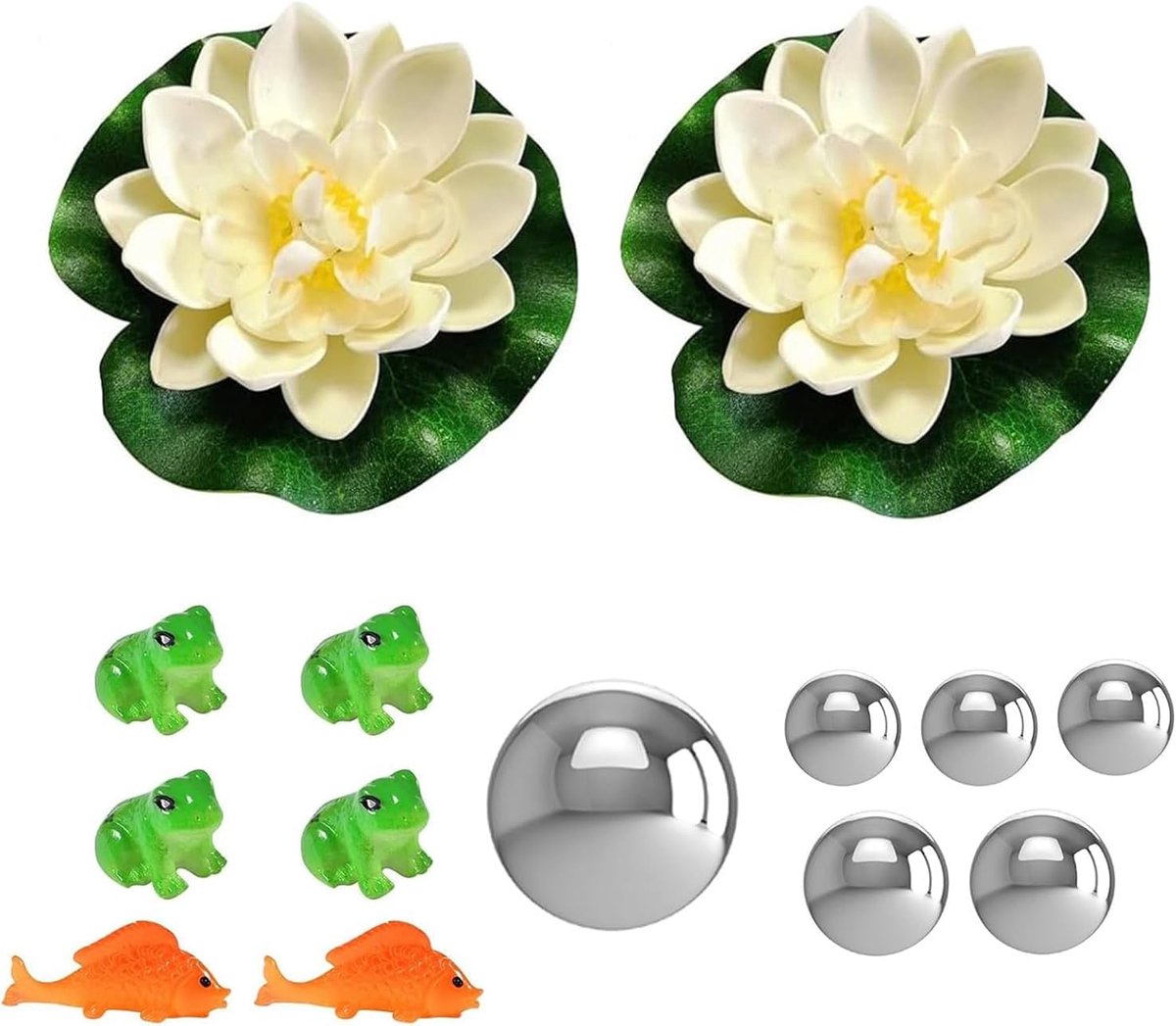 tuinvijver decoratieset, 2 drijvende lotusbloemen, 2 koi-karpers, 4 mini-kikkers en 6 drijvende ballen, super idee mini-vijver decoratie voor aquaria, beekscènes, tuinvijver