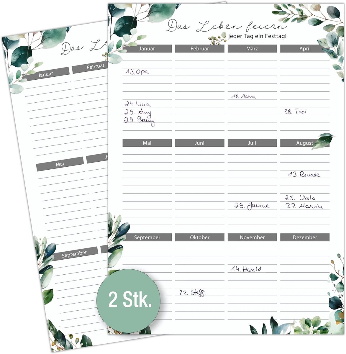 Verjaardagskalender, eeuwigdurende set van 2 in DIN A4, eucalyptus-design, jaaronafhankelijk (eucalyptus)