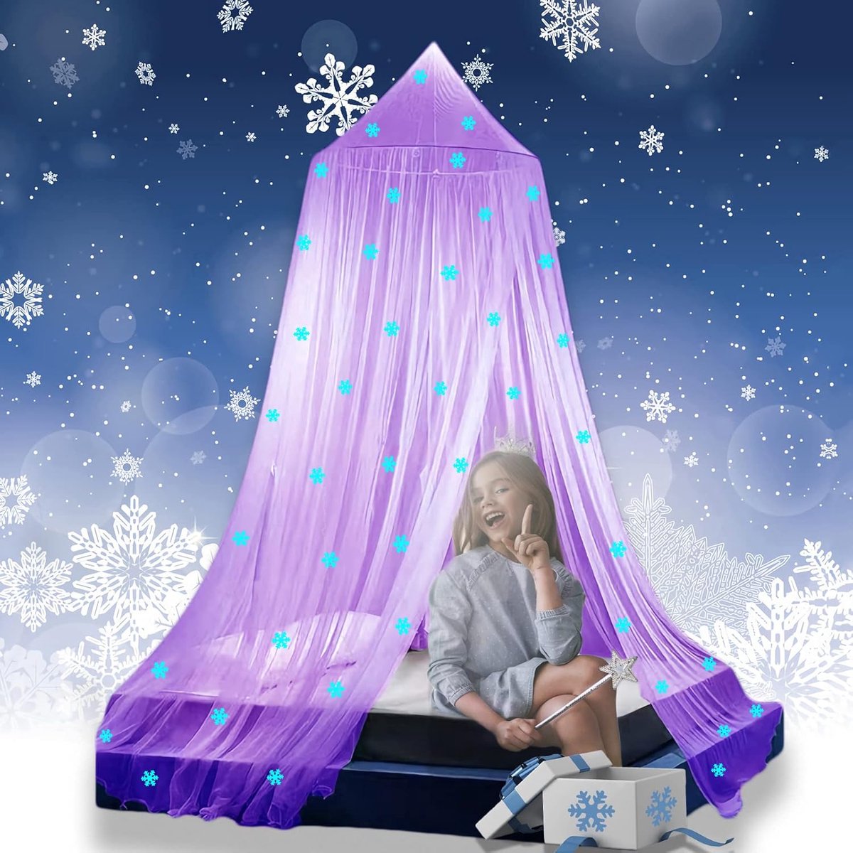 Bed Luifel Gloeiend in het Donker, Kerst Sneeuwvlokken Bed Luifel voor Meisjes Kamer Decor, Gecodeerde Stof, Paars