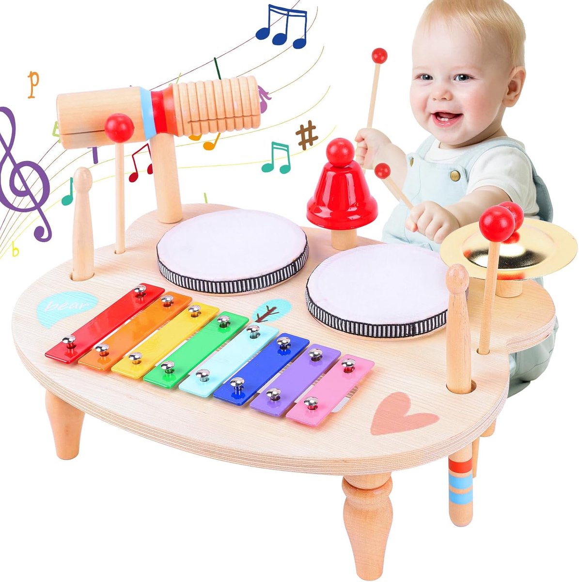 Drum voor kinderen, 10-in-1 trommel, muziekinstrumenten voor kinderen vanaf 1, 2, 3 jaar, met xylofoon, kinderspeelgoed, houten speelgoed voor Pasen, Kerstmis, cadeau voor jongens en meisjes