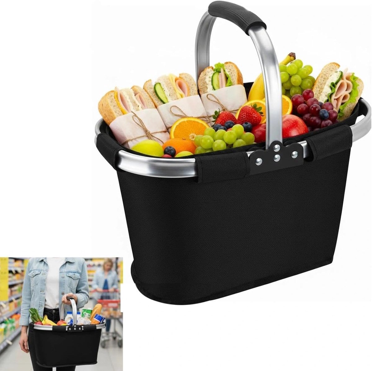 21 liter opvouwbare boodschappenmand, picknickmand, draagmand met gevoerde handgreep, ideaal voor winkelen, picknick en reizen (zwart)