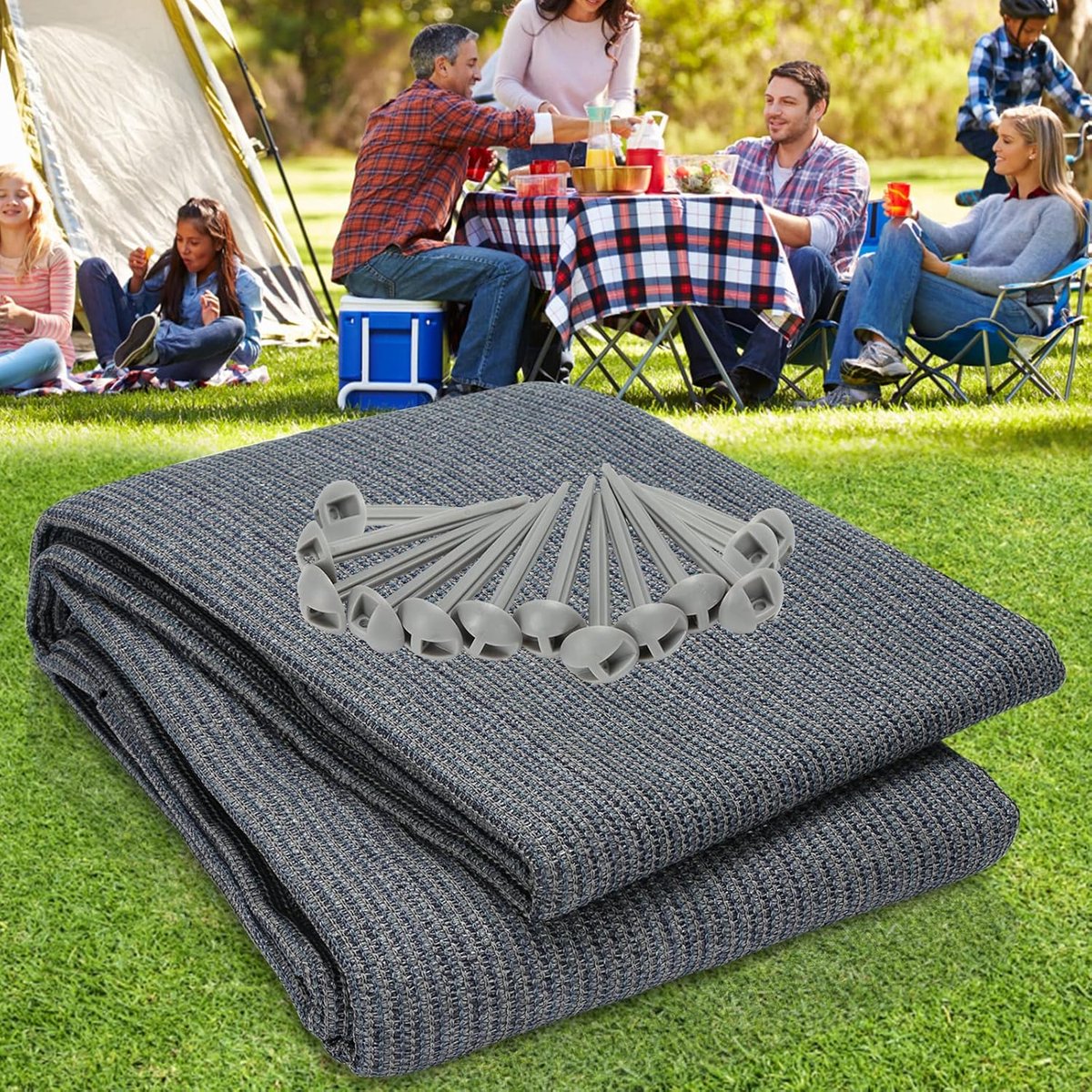 Voortenttapijt, tenttapijt 100% HDPE, outdoor campingtapijt met 13 haringen, uitgerust met draagtas, wasbaar, grijs-blauw
