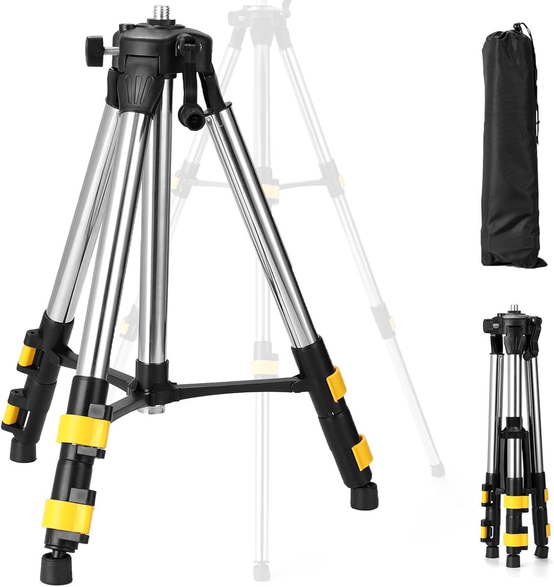 Bouwstatief voor laser en nivelleerapparatuur, 5/8" schroefdraad aansluiting met 1/4" adapter, roestvrij staal tripod telescopisch statief (werkhoogte 37-110 cm) met opbergtas