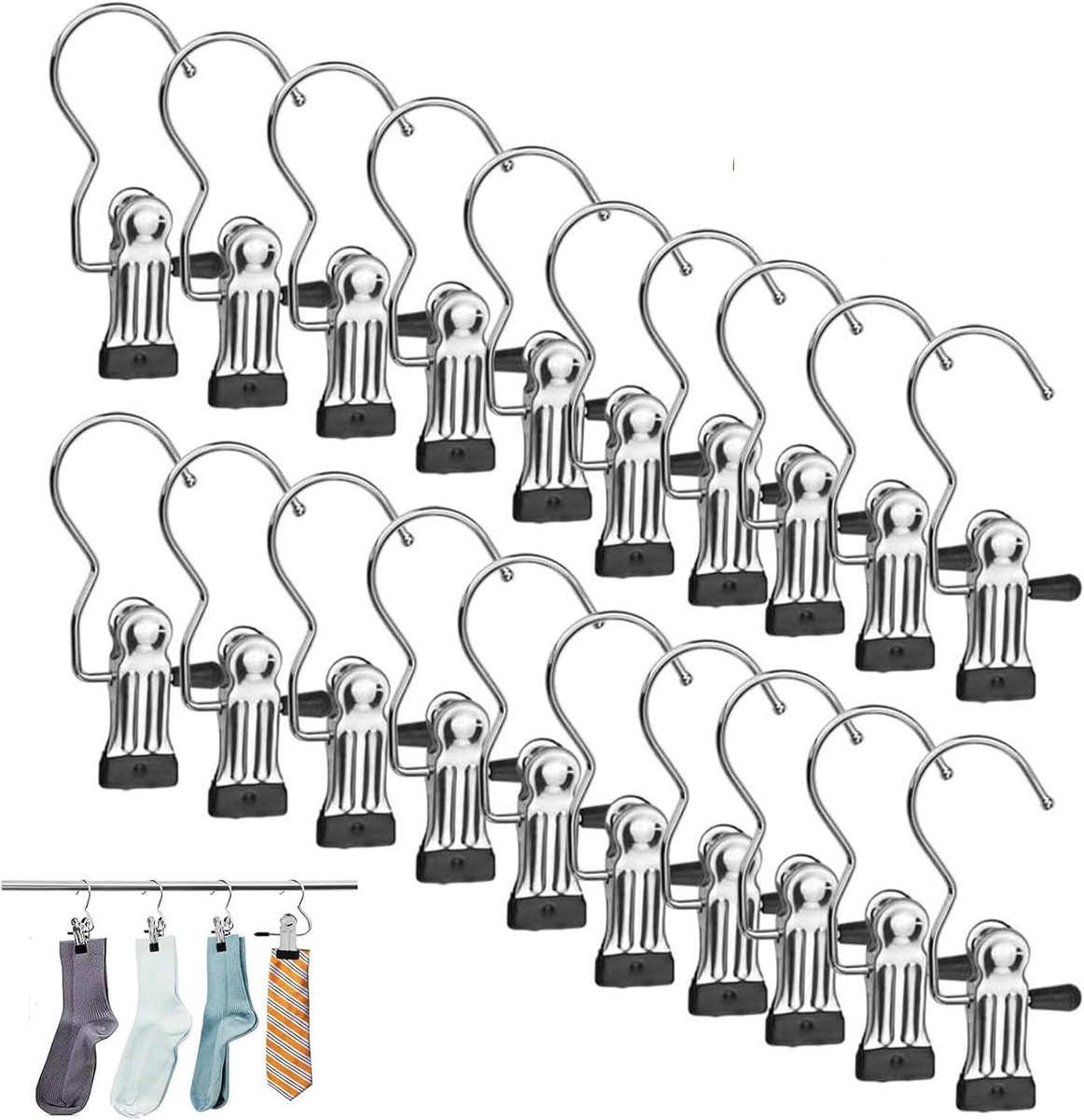 Wasknijpers van roestvrij staal, 360° draaibare & antislip kledingclips, laarshanger voor broeken, handdoeken, schoenen, hoeden (zwart)
