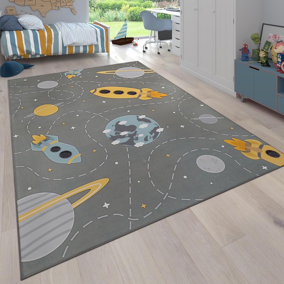 Home Tapijt Voor Kinderen Vloerkleed Kinderkamer Antislip Sterren Planeet Raket Wasbaar In Wasmachine Grijs Blauw Geel, Maat:240x340 cm