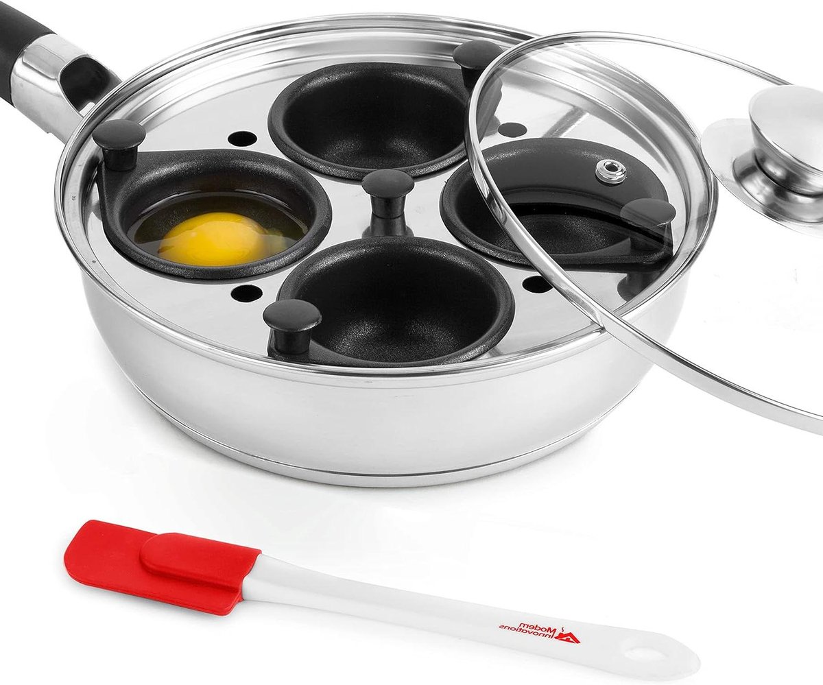 Eierpan Set - Eierpocher Pan - Ontbijt Maken - 4 Anti-aanbak Mokjes - 20 cm Diameter - Zilver