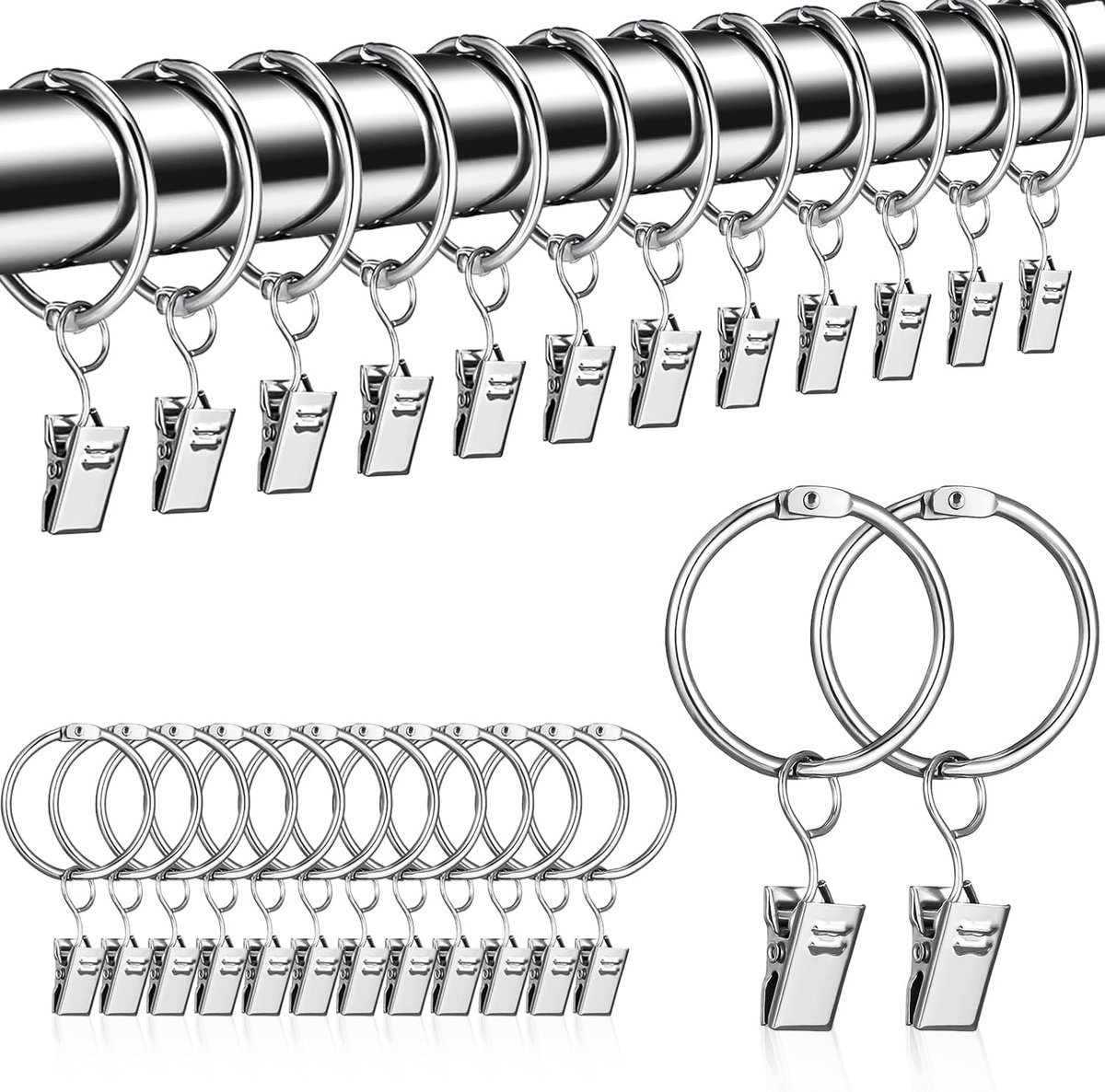 Gordijnringen 30mm - Zilver - Inclusief 50 Clips - Ideaal voor Gordijnen en Douchegordijnen - SnelShoppen