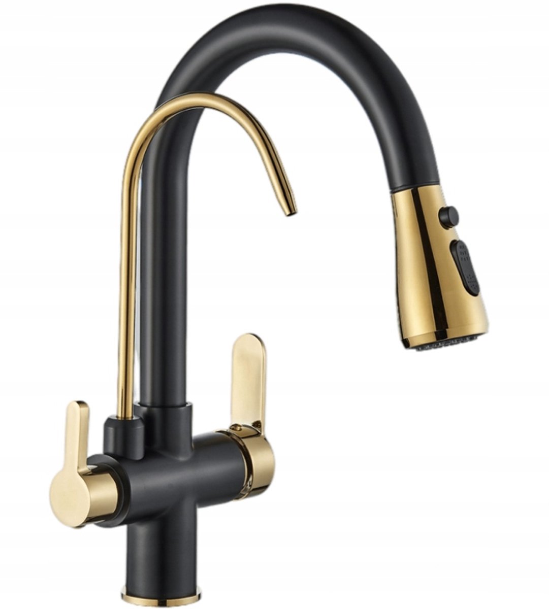 Merkloze Keukenkraan 3-weg met Uittrekbare Spuit & Waterfilter - Zwart/Goud