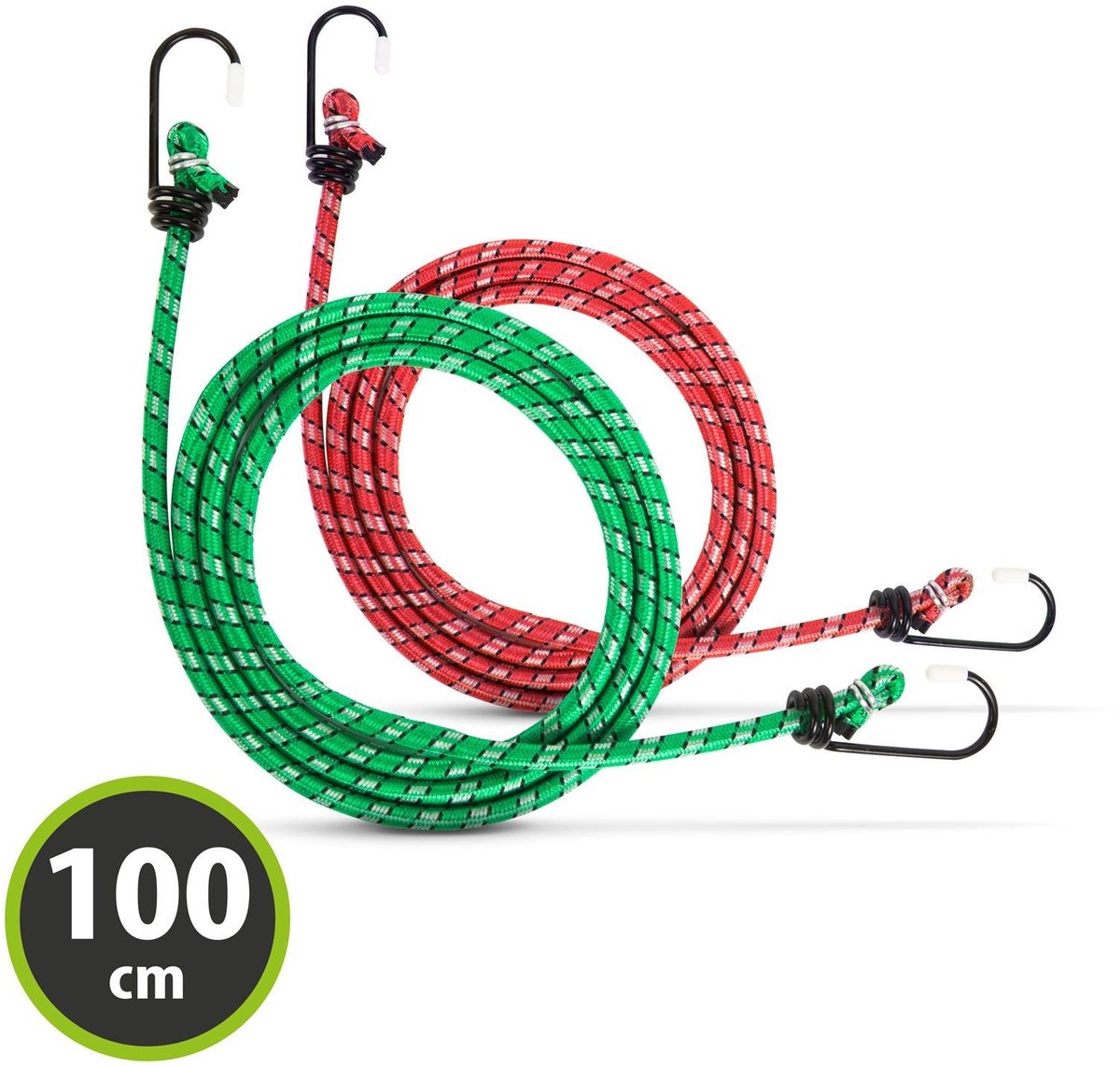 Elastische Snelbinders Set 2 x 100 cm - 6 mm voor Cargo Fixatie, Rood & Groen [55768A]