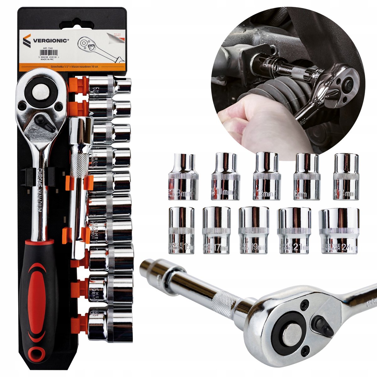 Dopsleutelset 1/2" met Ratel & 10 doppen (8-24mm)