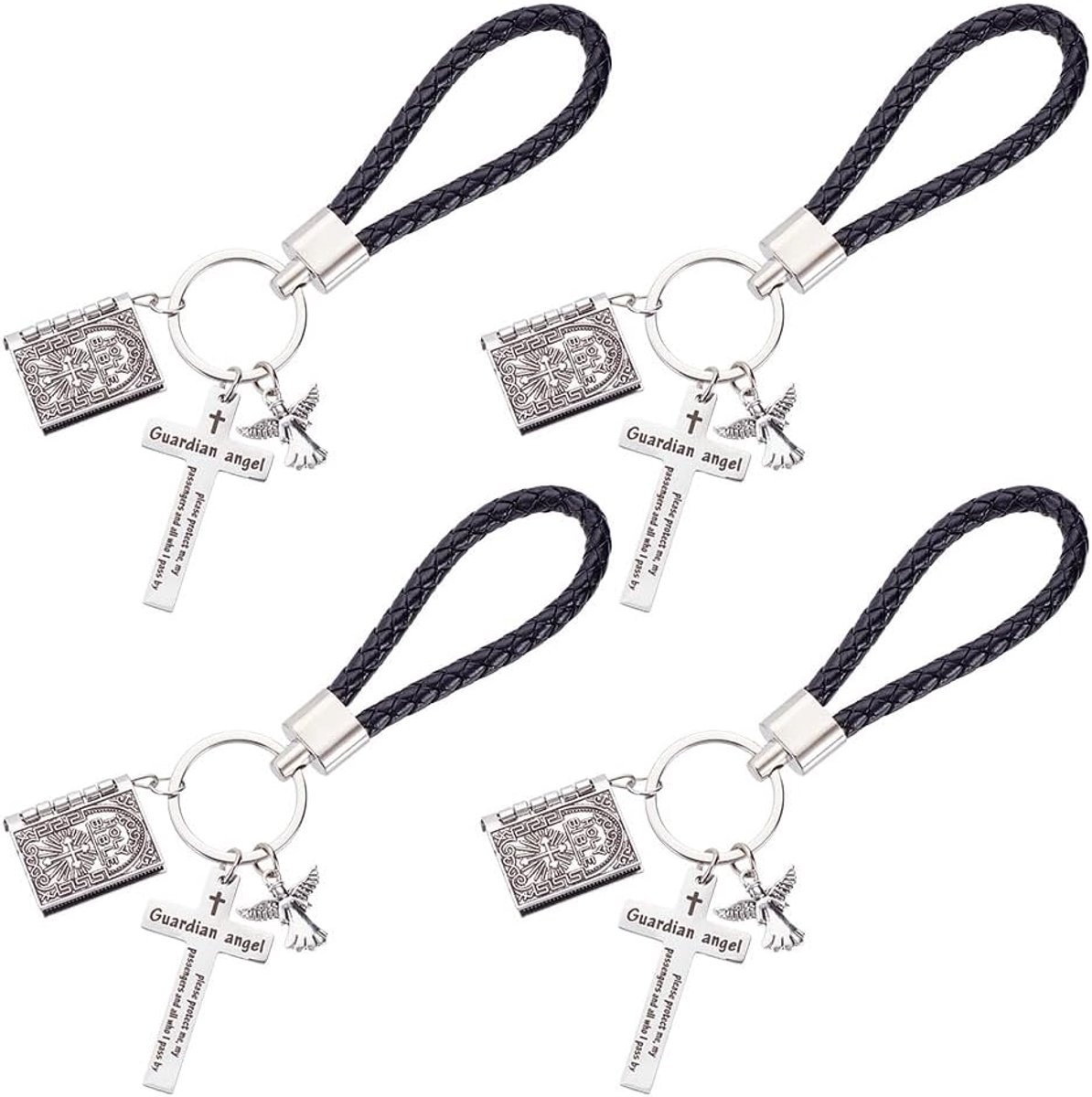 4 stuks Bijbel Sleutelhangers, Kruis Hangers Sleutelhangers Autosleutelhouders voor Vrouwen Mannen, Zilver