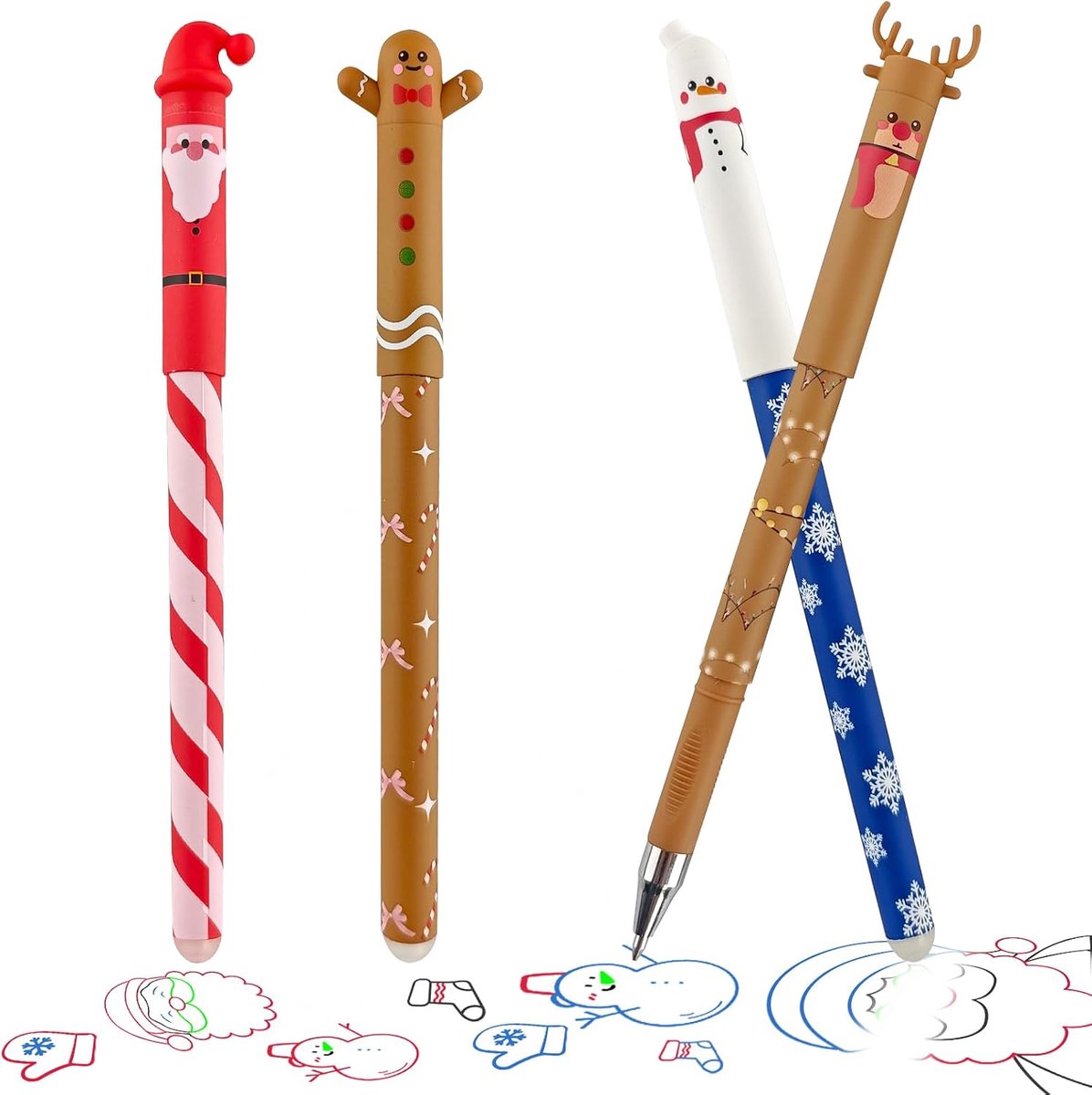 4 Pack Kerst Uitwisbare Pennen Kerstman Sneeuwman Rendier Gingerbread | Uitwisbare Gel Pennen Kerst Briefpapier Set 0 7mm Nib Thermo Inkt Glad Schrijven Gum Tip Xmas Gift School Office