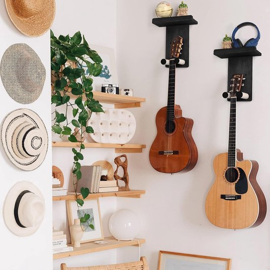 Muurbevestiging met plank 2Pack Houten Gitaar Houder Haak Multifunctionele Rack Beugel Stand Voor Elektrische Gitaar Bas Akoestische Ukulele Viool Mandoline Zwart — afbeelding 3