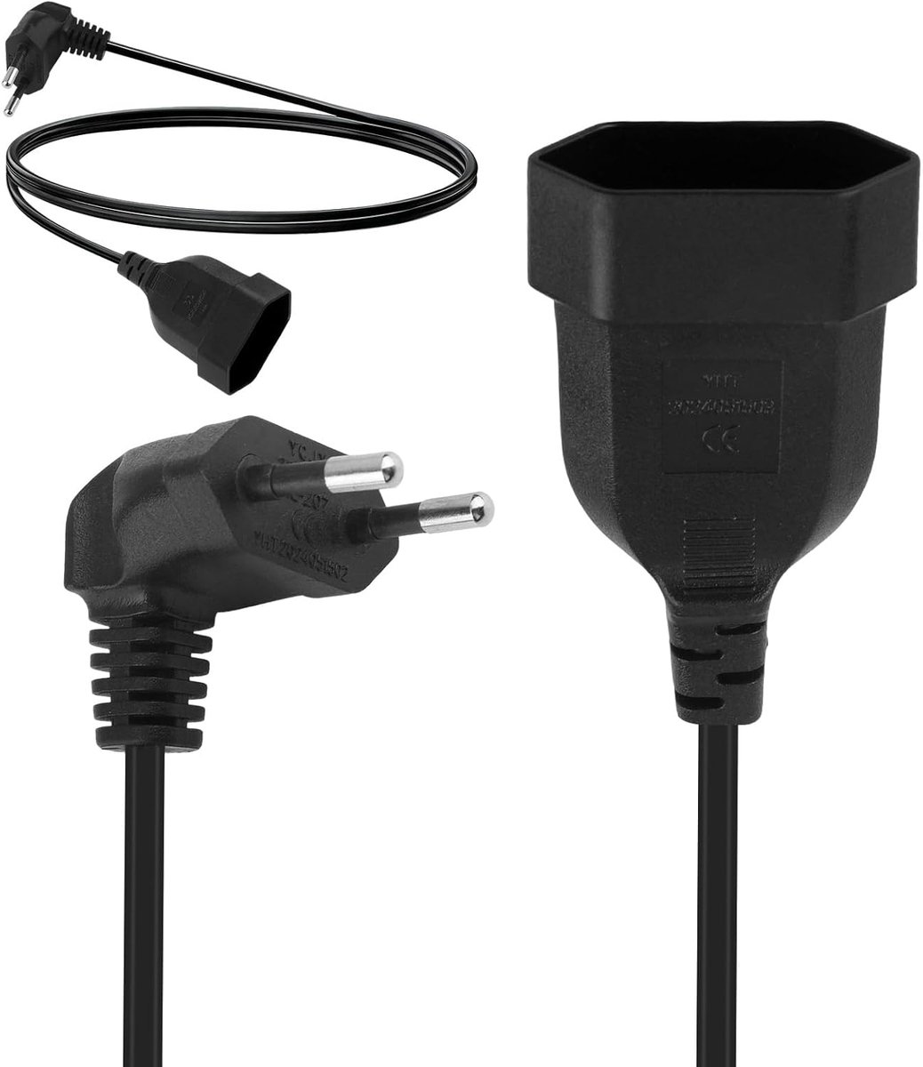 Verlengkabel met platte eurostekker, 90 graden, verlengkabel, 250 V/2,5 A, max. stekkerdoos voor tv, computer, monitoren, projectoren, lampen en huishoudelijke apparaten (1 m/zwart)