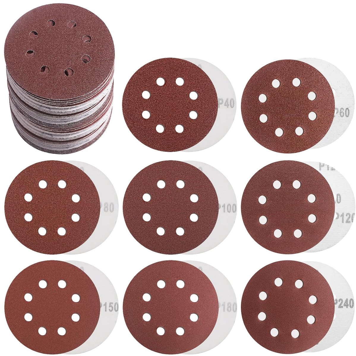 80 stuks, 125 mm, klittenband, schuurschijven voor excentrische schuurmachine, 8 gaten, 40/60/80/100/120/150/180/240 korrel voor hout, metaal en verf