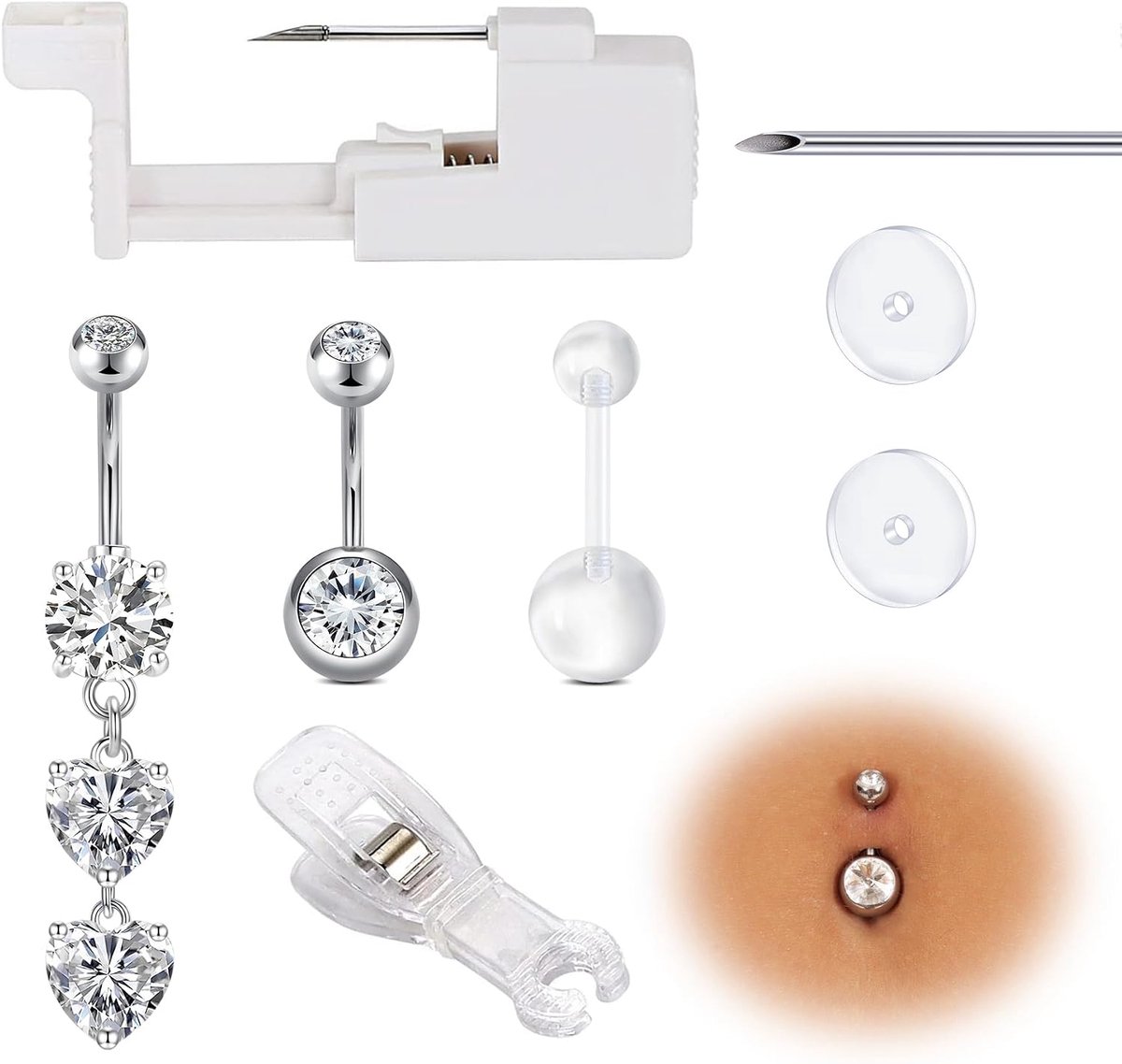 Navelpiercing, tepelpiercing, lippiercing, tongpiercing, pistool, kit om zelf te prikken voor alle piercings, lichaamspiercings,13 G, 14G, piercingnaalden voor oor, neus, septum, wenkbrauw