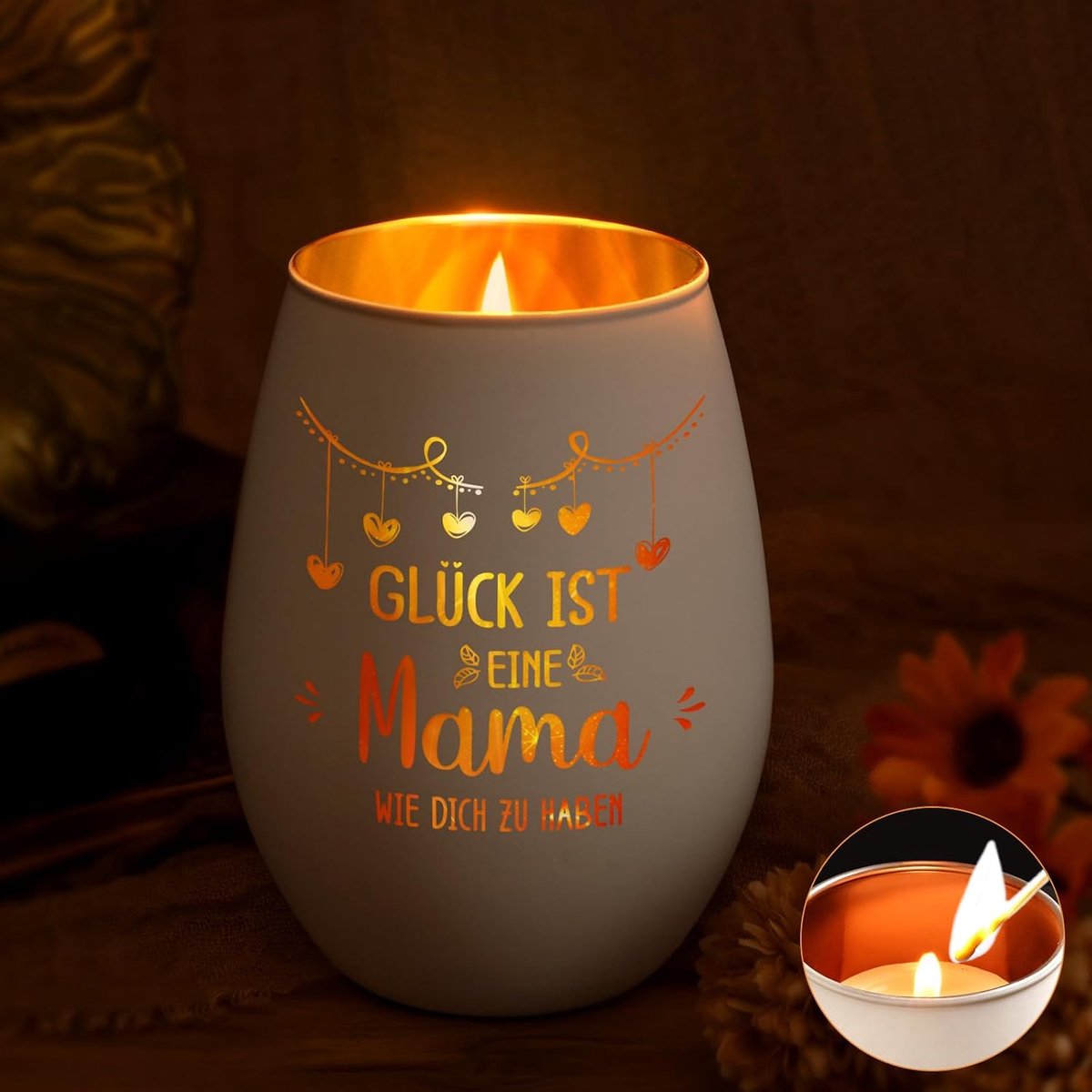 Windlichten met gravure - Glück ist eine Mama wie Dich zu haben, Mama Cadeau Verjaardag Kerstmis, Beste Mama Cadeau, Kaarsenhouder Wit