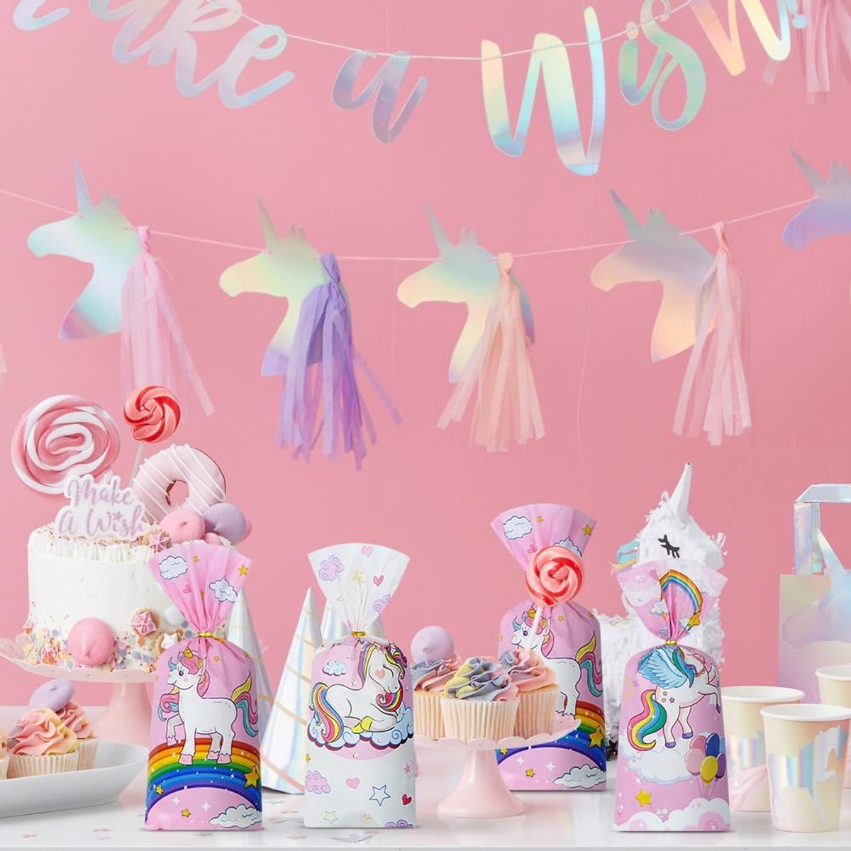 cellofaan-snoepzakjes met draaibanden, 100 stuks, eenhoorn-feestgeschenkzakjes, babyshower, plastic snoepzakjes, kleuterschool school, feestgeschenkzakje voor verjaardag babyshower