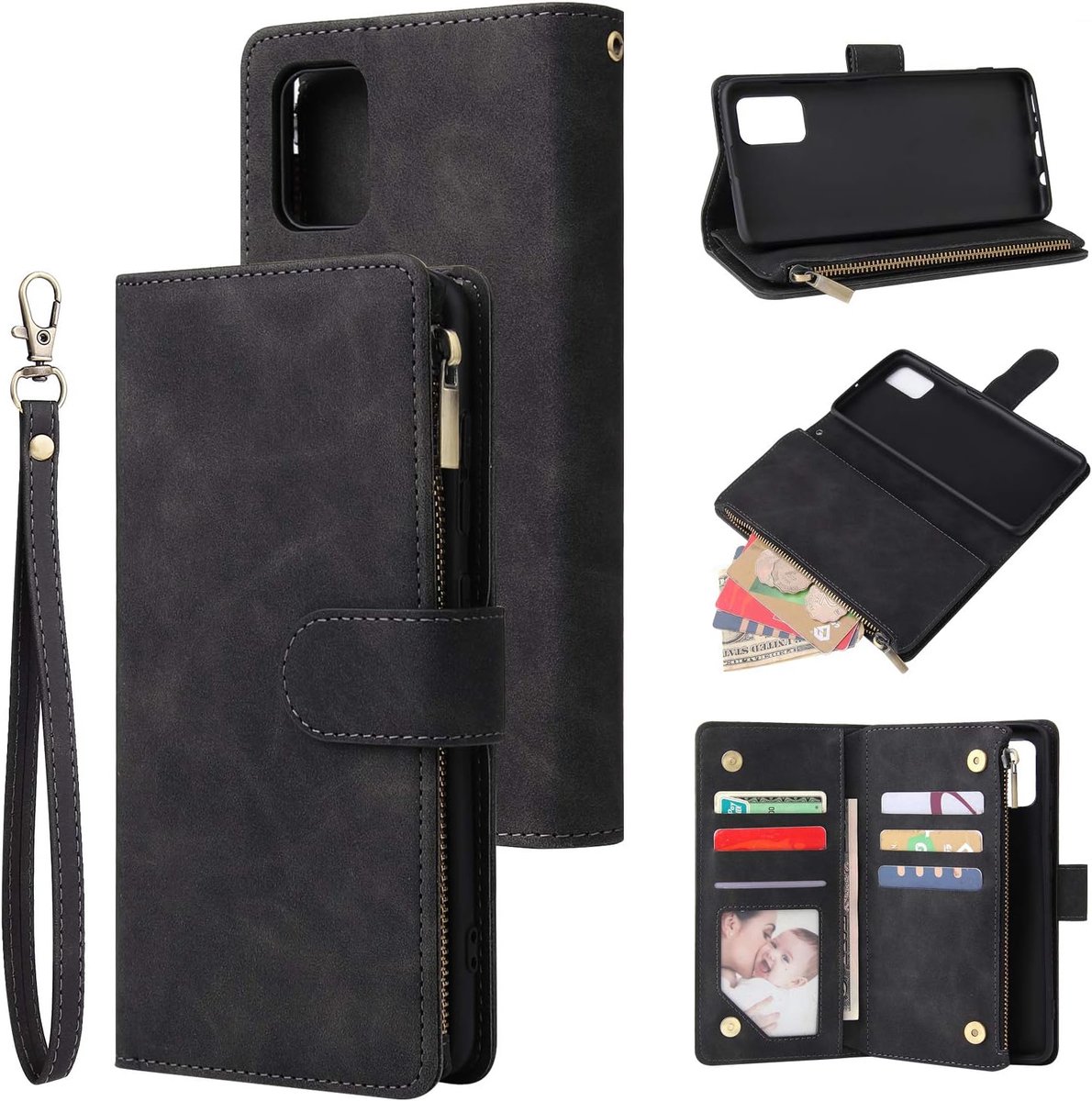 Hoesje voor Samsung Galaxy A53 5G, lederen portemonneehoesje met grote capaciteit, 6 kaartsleuven en 1 ritsvak, magnetische beschermhoes met kickstand en polsband voor Samsung A53 5G - zwart