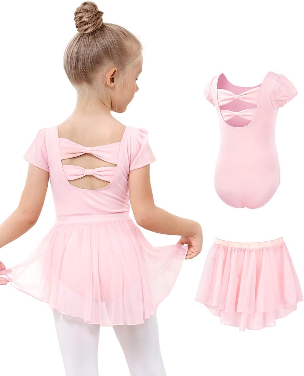 Balletkleding voor meisjes, balletjurk meisjes, balletpak, katoen, korte mouwen, balletshirt, turnpak, dansbody + chiffon, wikkelrok, dansjurk, 2-delig, voor kinderen van 3 tot 11 jaar