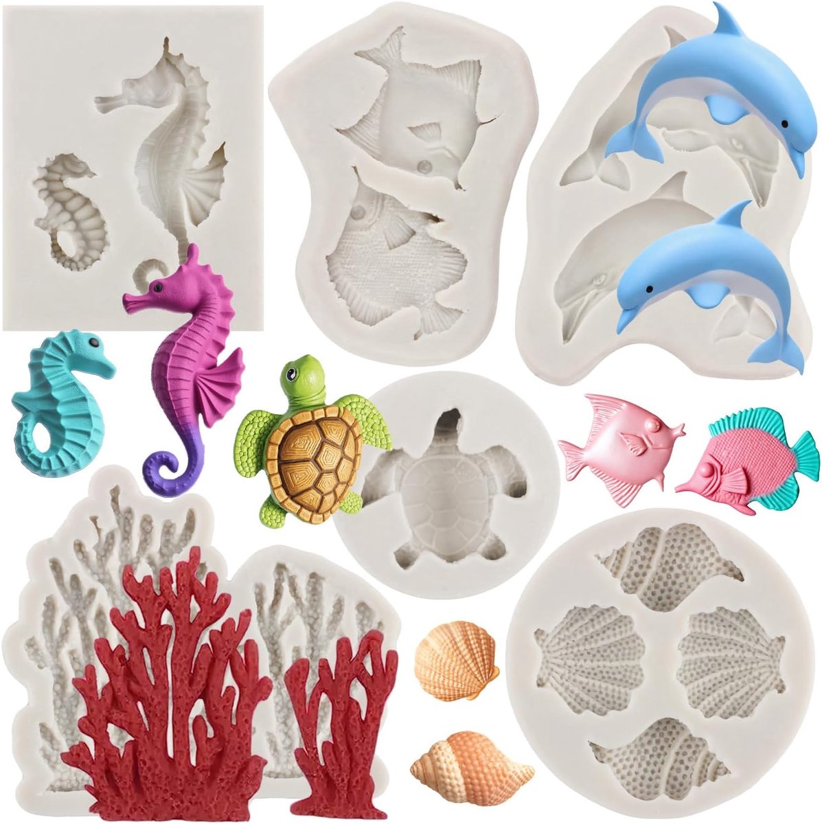 Thema Siliconen Mal, Zeeschelp, Dolfijn, Vis, Fondant Mallen voor Cake Decoratie Gum Paste Cupcake Topper Snoep Chocolade Polymeer Klei Set van 6