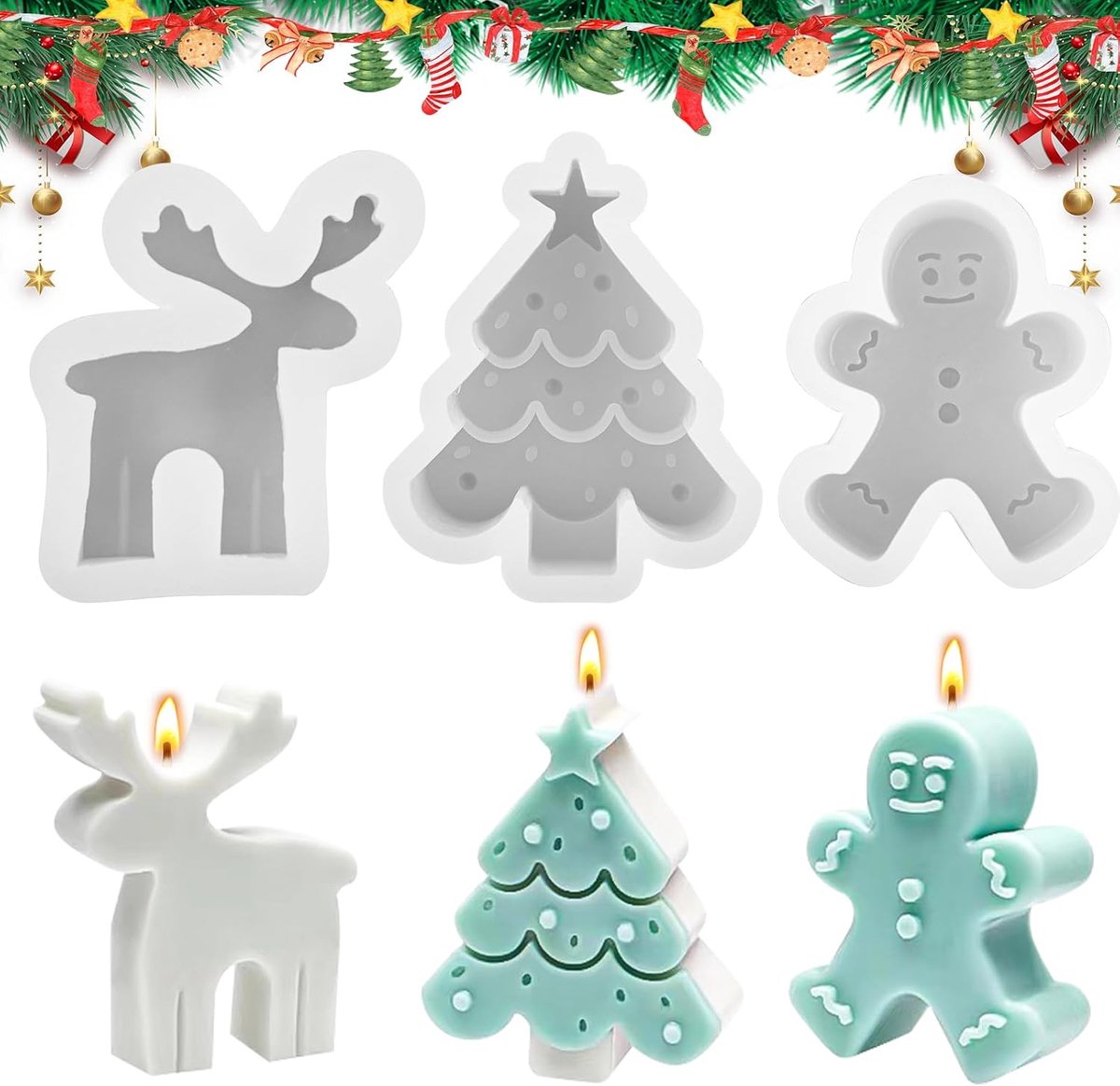3 vormen voor kerstkaarsen, peperkoek, eland en kerstboom, siliconen vormen voor kerstkaarsen, kerstvormen voor kaarsen, doe-het-zelf kerstdecoratie
