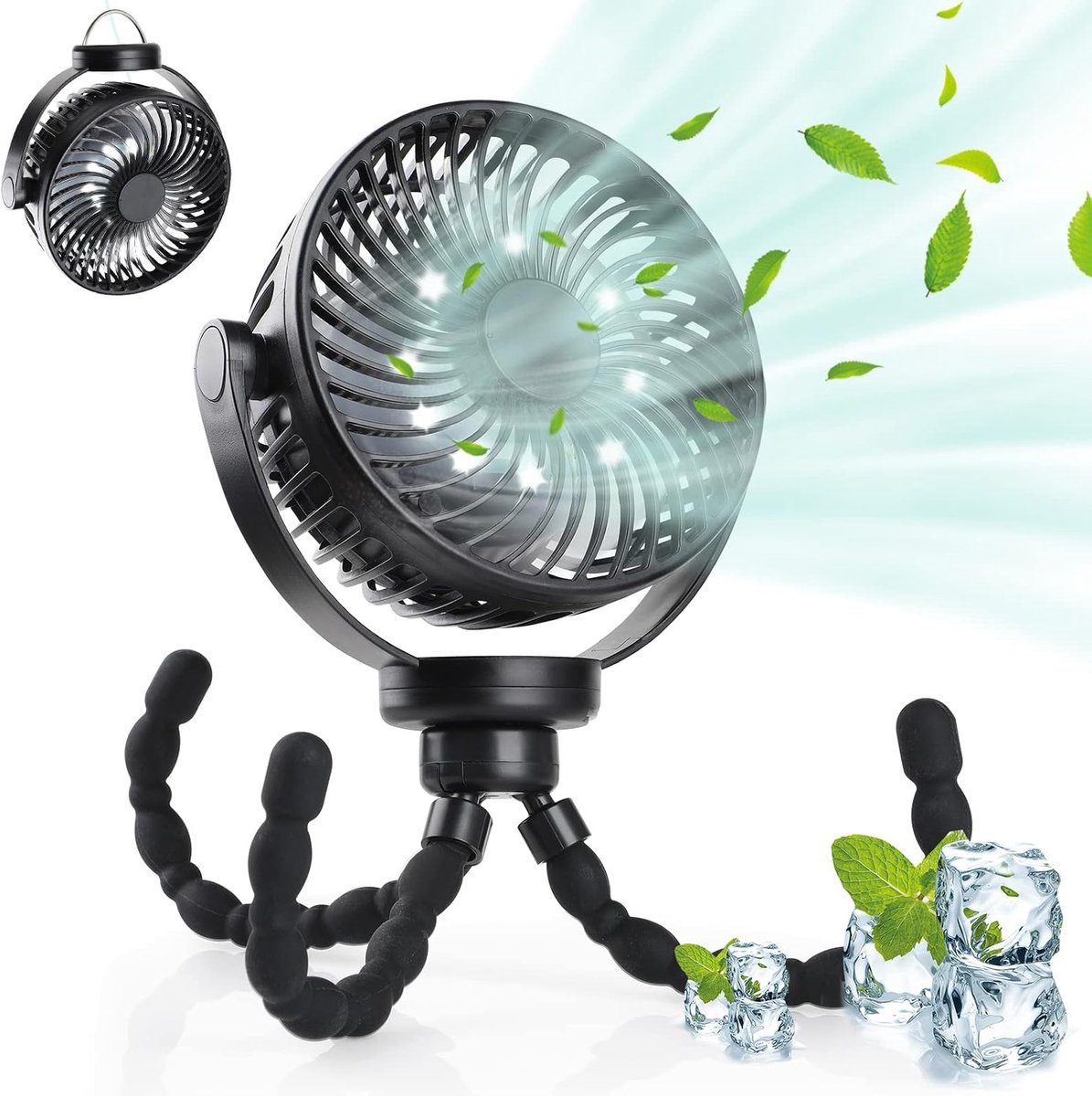 Kinderwagenventilator met LED, licht, 5200 mAh, kleine tafelventilator voor camping, ventilator met ophanghaak, 360° draaibaar, draagbare oplaadbare ventilator - Zwart