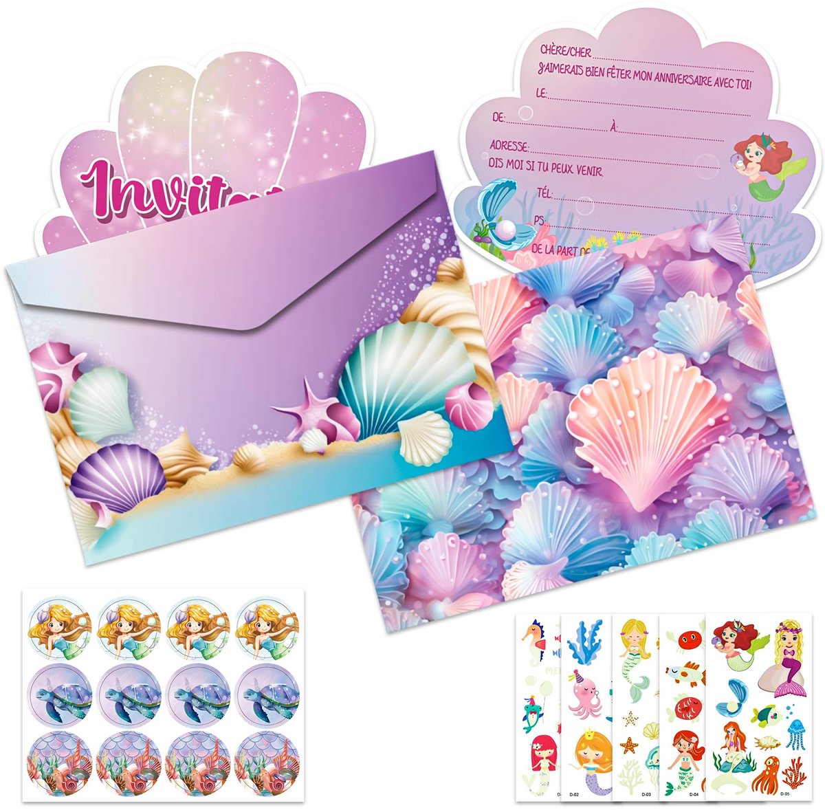 Uitnodiging verjaardag meisjes - 12 zeemeermin kaarten - met enveloppen en stickers - leuk voor kinderfeestje - SnelShoppen