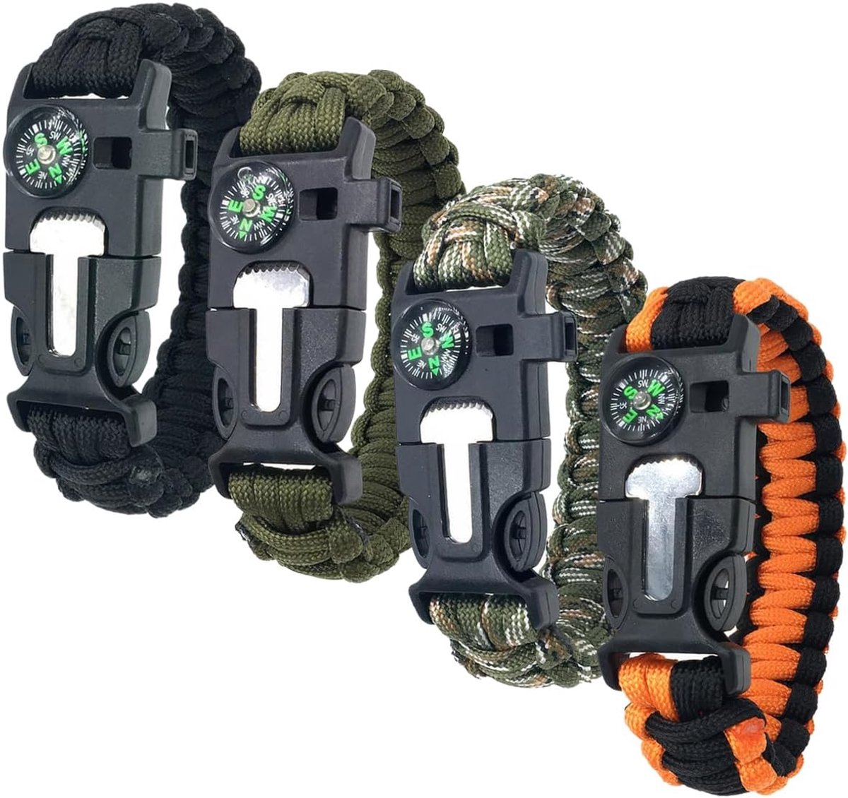 4 Stuks Paracord-Survival Armband, 5-in-1 Overlevingsarmband Set | Camping-Armbanden voor Vuursteen, Kompas, Fluitje, Parachute Koordsluiting, Mini Zaag, Paracord Survivalarmband voor Kamperen