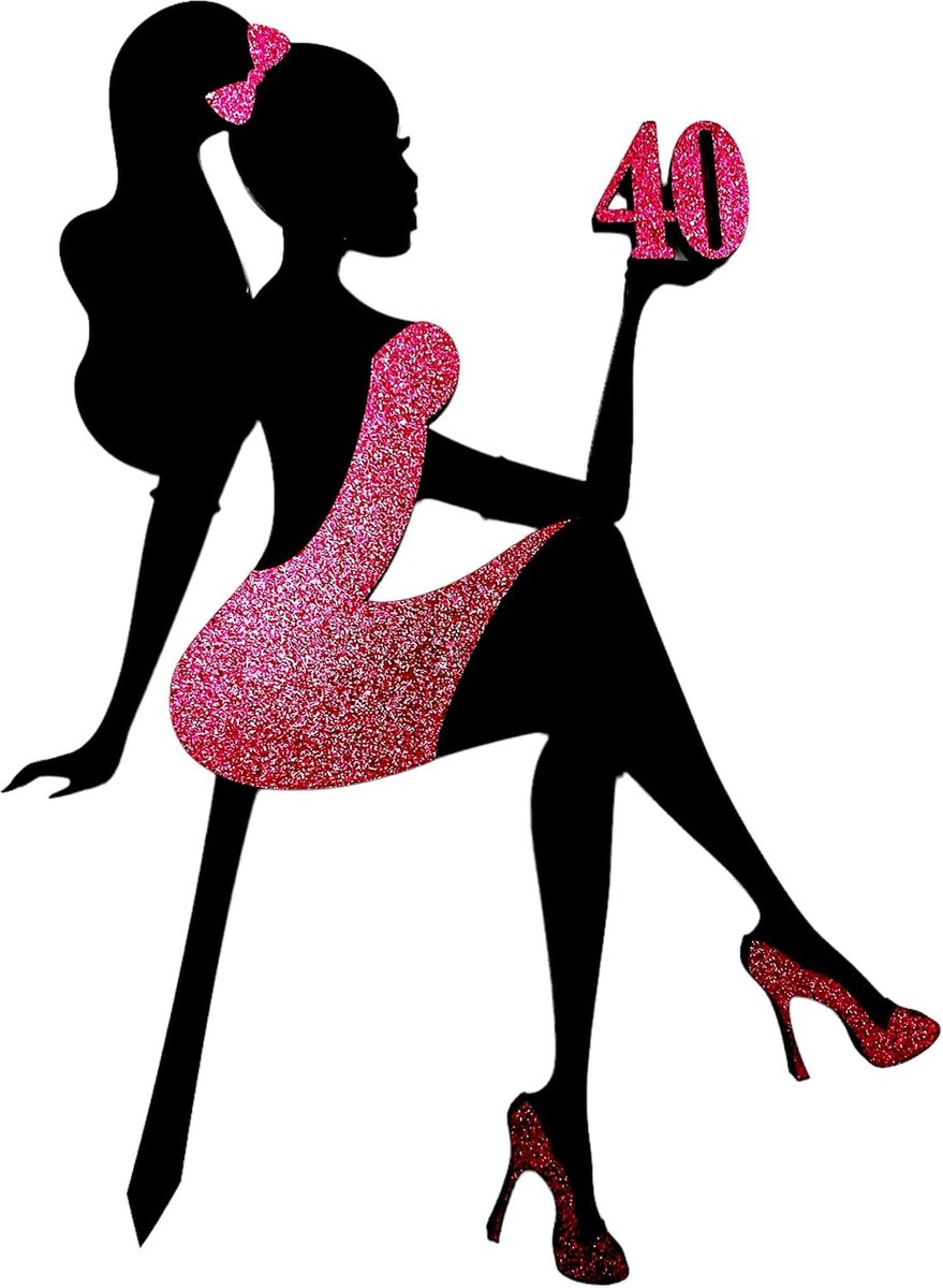 Taartdecoratie voor verjaardag met leeftijd, 40 jaar, 24 x 17 cm, dame in hoge hakken, Happy Birthday, taarttopper, taarttopper verjaardag in acryl en glitter (roze)