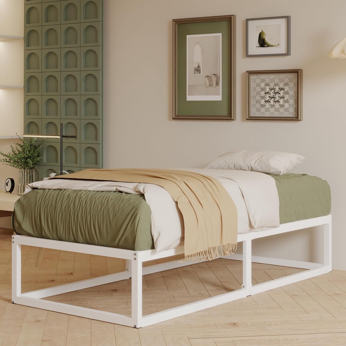 Bedframe 90 x 200 met stalen latten, Heavy Duty Metalen Platform 36 cm hoogmet ruime opbergruimte onder het bed, Structureel Stevig, Eenvoudige montage, Geluidsvrij, Wit